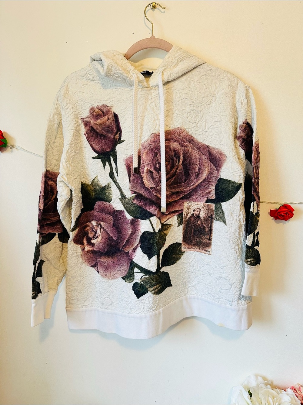 Dolce & Gabbana White Hoodie Sweater with Mauve Rose Print 42 M L